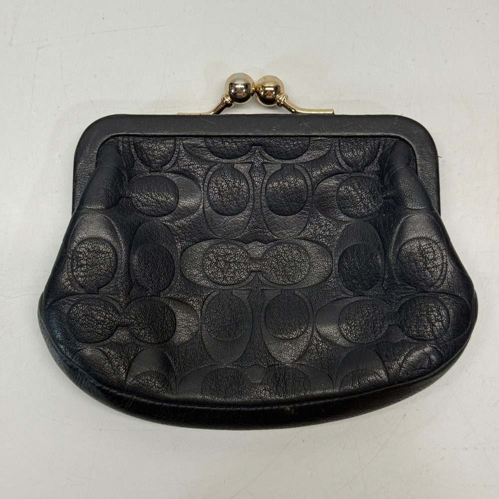 Coach Coin Purse Black Signature Debossed Leather Kisslock F63358 Y2K FLAWS